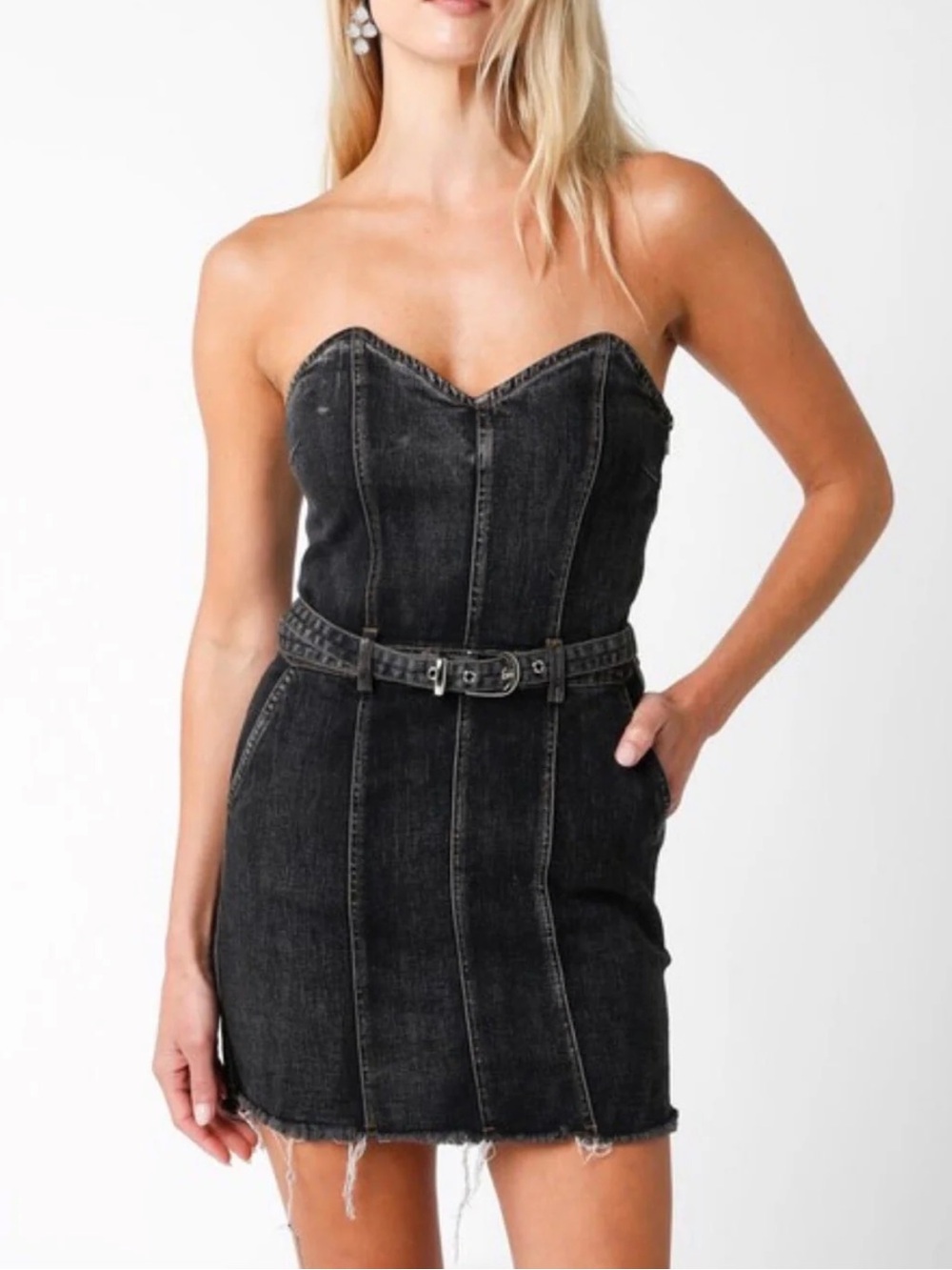 Strapless Black Denim Mini Dress with Belt